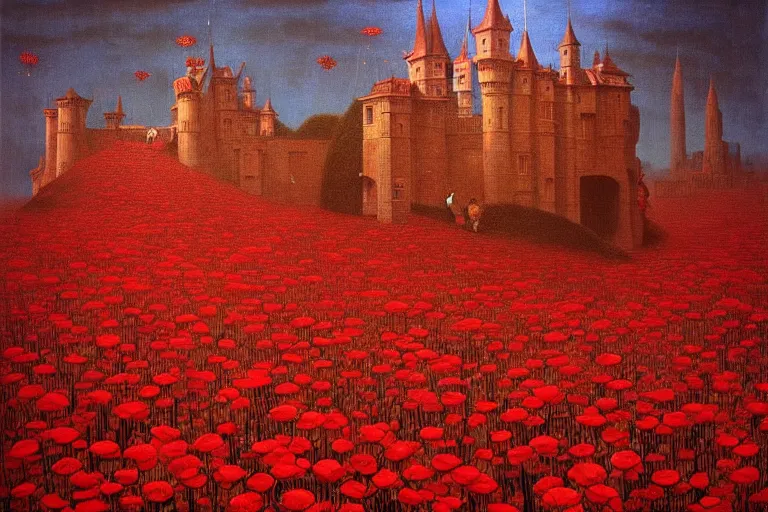 Image similar to only with red, red flowers of different types, a red tiger, a castle in the background, medieval demons dance over the flowers, an ancient path, in the style of beksinski, part by hopper, part by rodcenko, part by hofbauer, intricate composition, red by caravaggio, insanely quality, highly detailed, masterpiece, red light, artstation