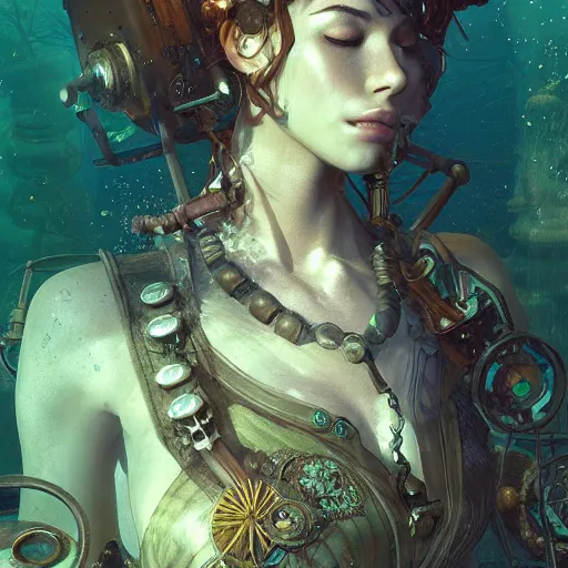 Image similar to underwater steampunk sleeping portrait, hyper detailed, digital art, trending in artstation, cinematic lighting, studio quality, smooth render, unreal engine 5 rendered, octane rendered, art style by klimt and nixeu and ian sprigger and wlop and krenz cushart.