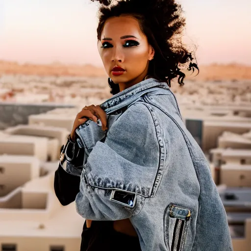 Image similar to photographic portrait of a streetwear woman, closeup, on the rooftop of a futuristic city overlooking a desert oasis, sigma 85mm f/1.4, 4k, depth of field, high resolution, 4k, 8k, hd, full color