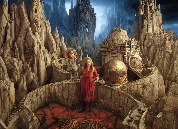 Prompt: jim henson's labyrinth an impossible maze filled with twisted turns a goblin city and a castle looming in the background by edgar maxence and caravaggio and michael whelan and delacroix style, artistic, intricate painting, cinematic lighting, hyper realistic, extremely detailed, vivid colors, establishing shot, dramatic lighting