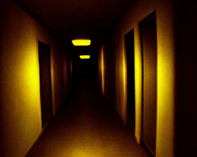 Image similar to dark abandoned hallway at night with eldritch horror, letterboxing, widescreen, 40mm tape, technicolour film, grainy, horror