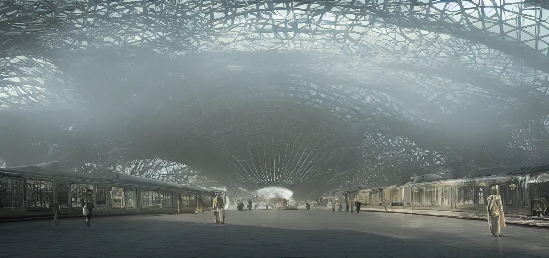 Image similar to a complex organic fractal 3 d metallic symbiotic ceramic duck shaped megastructure in a train station, foggy, sun rays, cinematic shot, photo still from movie by denis villeneuve, wayne barlowe