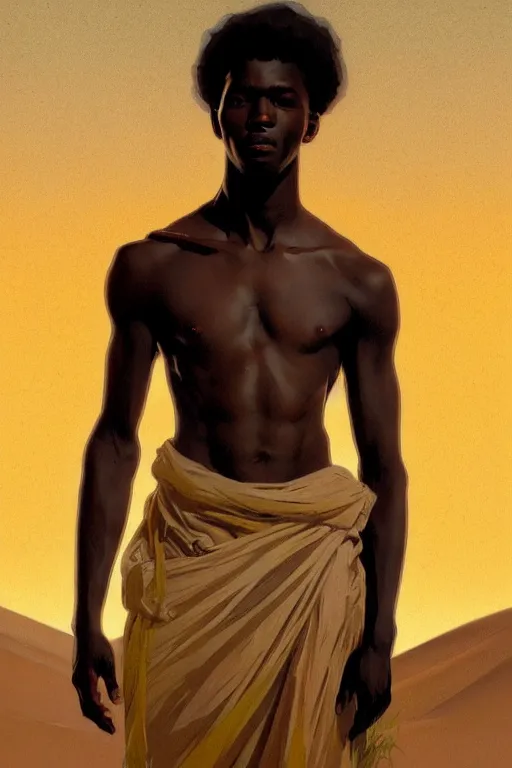 Prompt: full figure african young man, luminous scene, by greg rutkowski and alphonse mucha, gradient white to gold, in front of a dune desert background, highly detailed portrait, digital painting, artstation, concept art, smooth, sharp focus illustration, artstation hq