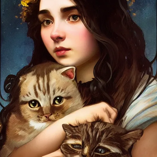 Image similar to girl with long dark hair thick eyebrows and dark eyes, she is holding a cat in her arms, by juan villafuerte, greg rutkowski and alphonse mucha, pexels contest winner, high quality photo, rtx, hd