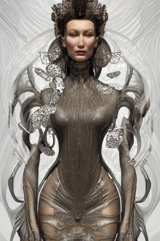 Prompt: a highly detailed portrait of a beautiful alien goddess bella hadid kleopatra in iris van herpen dress in diamonds in style of alphonse mucha art nuvo trending on artstation made in unreal engine 4