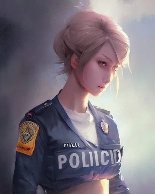 Image similar to Hyper realistic painting of a beautiful girl in a police uniform, hyper detailed, anime, by greg rutkowski, trending on artstation