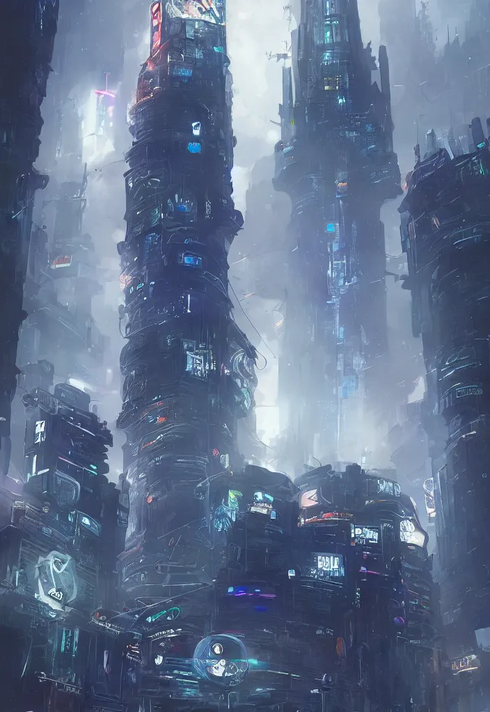 Image similar to a tarot card of the tower, cyberpunk themed art, concept art