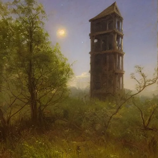 Image similar to Painting of the abandoned wizard\'s tower in the overgrown garden. Unknown Hudson River School artist.