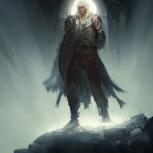 Image similar to dramatic masterpiece Greg Rutkowski male Aasimar paladin with platinum blonde hair praying amidst sorrow, realistic, cinematic lighting, WLOP, dungeons and dragons