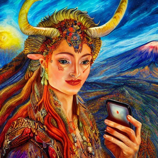 Image similar to detailed acrylic on canvas by josephine wall, horned ram goddess checking her cell phone, erupting volcano and sunset in distance, flowers in foreground, fantasy, trending on artstation, by senior concept artist, intricately detailed, high resolution, hdr, 8 k