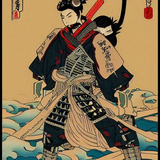 Prompt: cyberpunk-samurai in the style of Hokusai