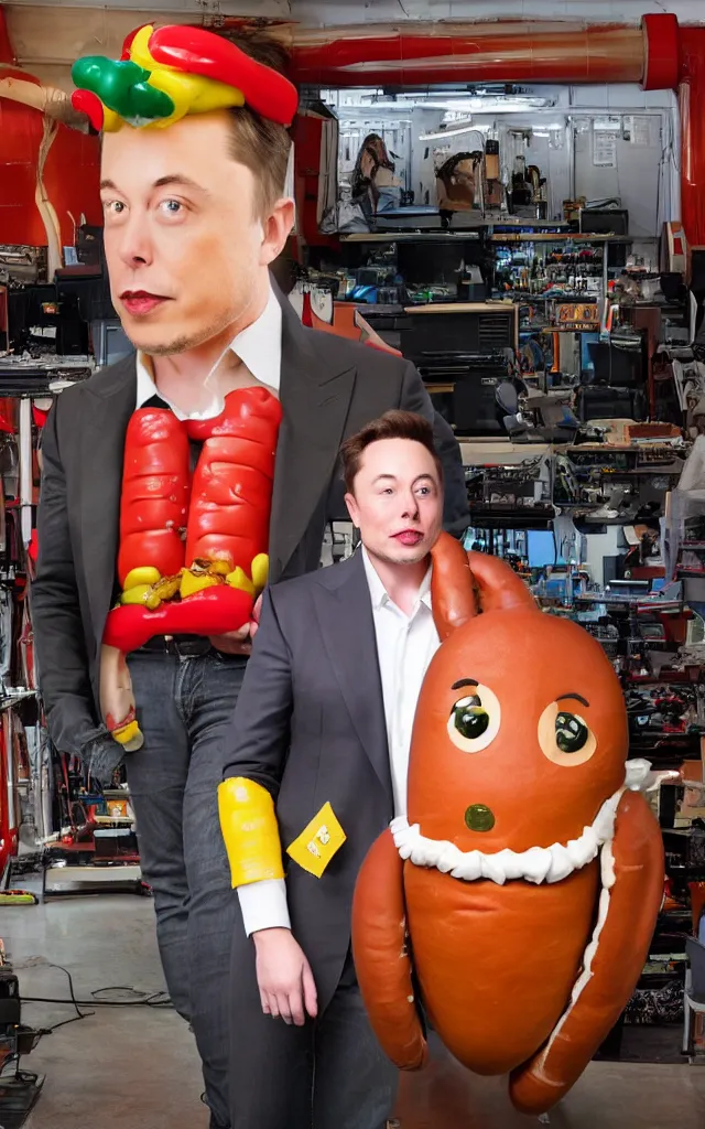 Prompt: studio photograph of Elon Musk dressed as a hot dog