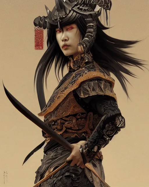 Image similar to samurai with demon mask, dark fantasy, intricate, elegant, highly detailed, digital painting, artstation, concept art, smooth, sharp focus, illustration, artstation, cgsociety, art by artgerm and greg rutkowski and alphonse mucha