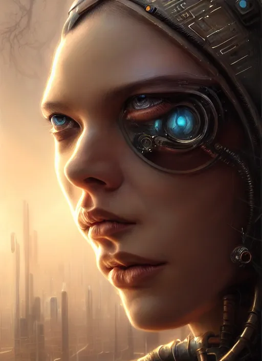 Image similar to closeup portrait shot of a cyberpunk female in a scenic dystopian environment, intricate, elegant, highly detailed, centered, digital painting, artstation, concept art, smooth, sharp focus, illustration, artgerm, tomasz alen kopera, peter mohrbacher, donato giancola, joseph christian leyendecker, wlop, boris vallejo