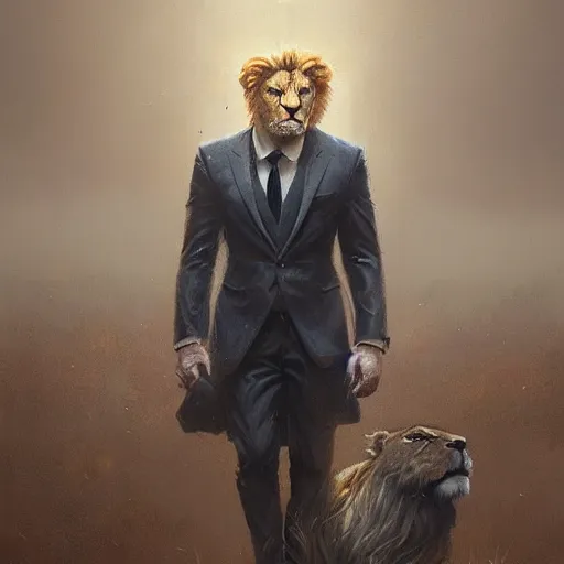 Image similar to A portrait of Lion, in a suit, fantasy art, art by greg rutkowski, matte painting, trending on artstation