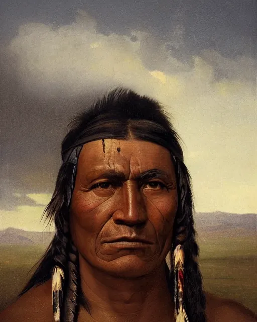 Prompt: a head and shoulder painting of a rugged scarred American native Apache warrior with an eagle feather in his braided head-ban with a hilly Texas hill-country background, in the style of Albert Bierstadt and George Catlin, insanely detailed, extremely moody lighting, glowing light and shadow, atmospheric