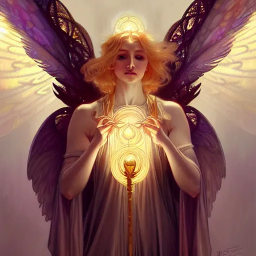 Image similar to Winged girl angel covered in eyes with blonde hair and glowing halo, iridescent, seraphim, fantasy, intricate, elegant, highly detailed, digital painting, artstation, concept art, smooth, sharp focus, illustration, art by Krenz Cushart and Artem Demura and alphonse mucha