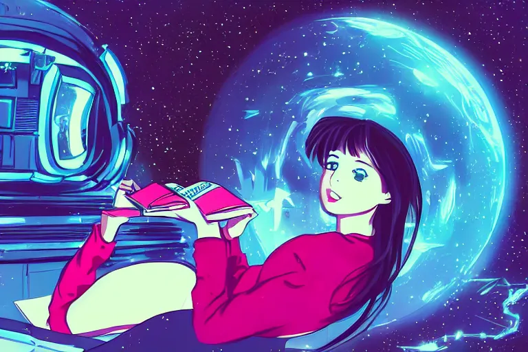 Image similar to a beautiful girl reading a book in space, lofi, anime, digital art, neon, synthwave,