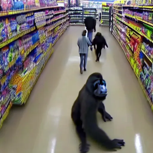 Prompt: cctv footage of gorilla in walmart, high angle security camera feed, blurry and glitchy,