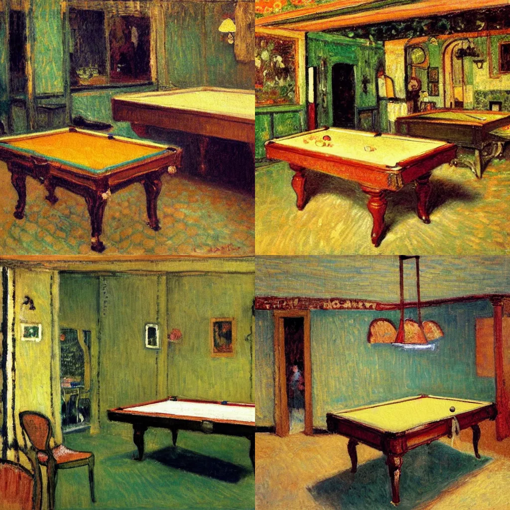 Prompt: a painting of a pool table in a restaurant by a ‰ douard vuillard, pixiv, post - impressionism, fauvism, impressionism, academic art