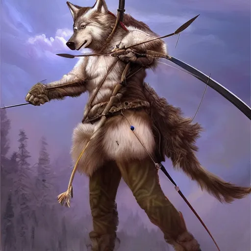 Image similar to A Wolf Archer, digital art, award winning, artstation, masterpiece, very detailed, oil painting