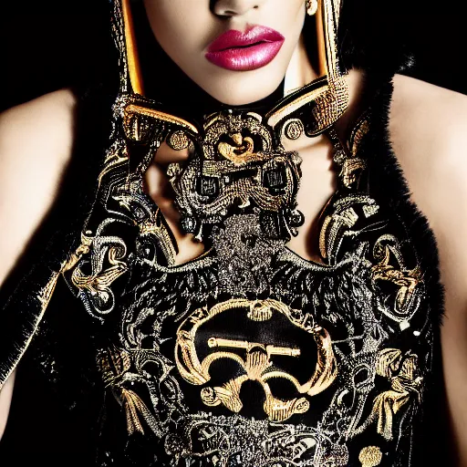 Prompt: close up of face of a fashion model in luxury dress, black background, official versace editorial, highly detailed