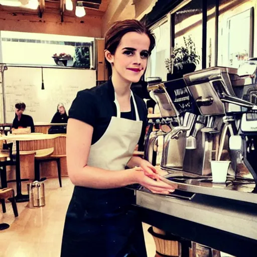 Prompt: emma watson working as a barista in a café