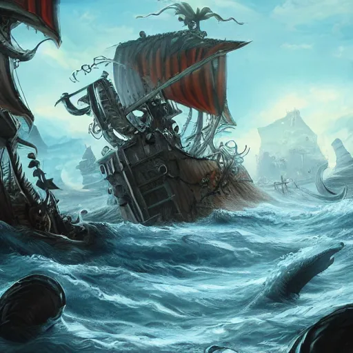 Image similar to kraken crushing pirate ship under sunny skies, trending on artstation, ultra fine detailed, hyper detailed, hd, concept art, digital painting