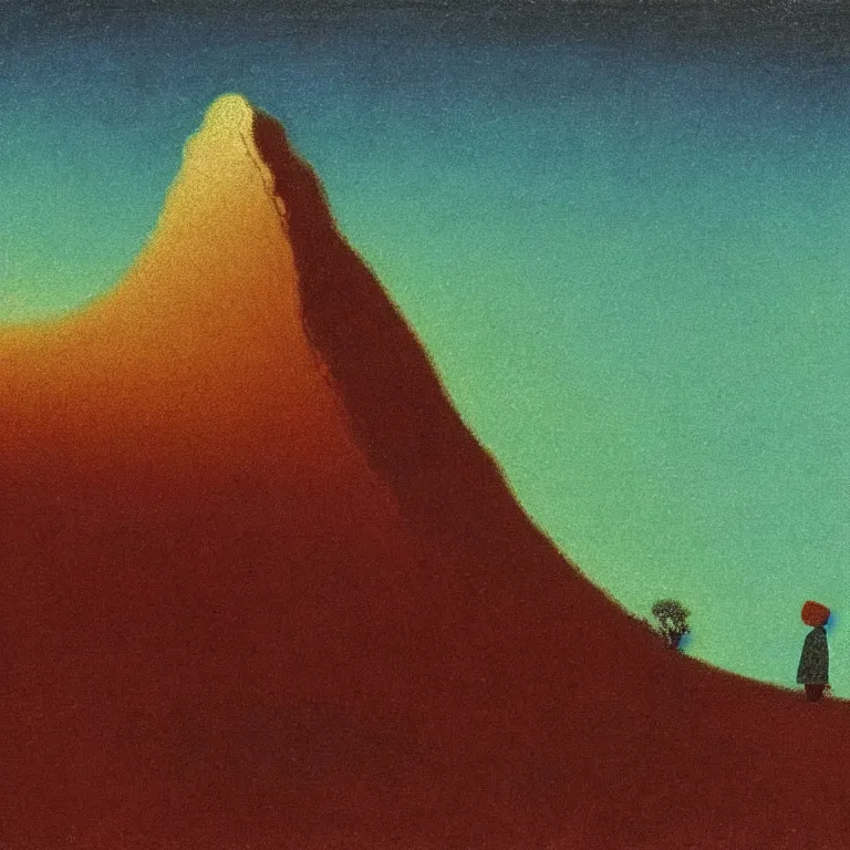 Prompt: a small figure staring at a giant mountain, bell curve, glowing, arkhip kuindzhi painting, teal palette, eschaton