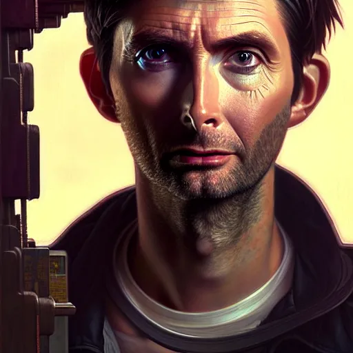 Prompt: portrait painting of a cyberpunk mechanic david tennant, ultra realistic, concept art, intricate details, eerie, highly detailed, photorealistic, octane render, 8 k, unreal engine. art by artgerm and greg rutkowski and charlie bowater and magali villeneuve and alphonse mucha