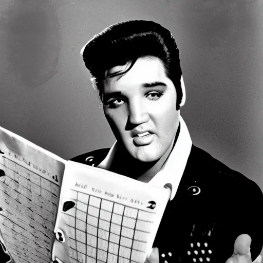 Prompt: Elvis Presley holding up a calendar for August 2022