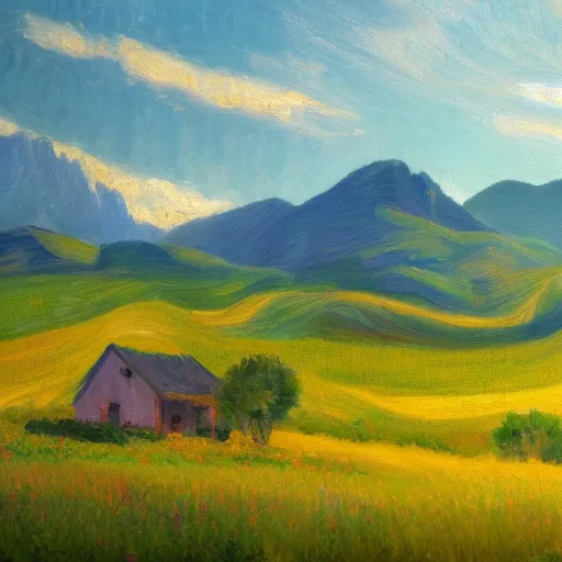 Prompt: An impressionist painting of a house in the middle of a beautiful lush field with mountains in the background, taken at golden hour, 4k, digital painting, trending on artstation