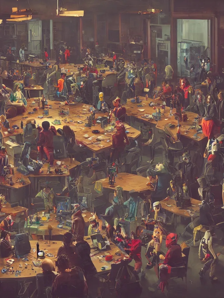 Image similar to a large table with punks, criminals and robots in a painting from stalenhag, 4 k, 8 k, hdr, artstation, concept art