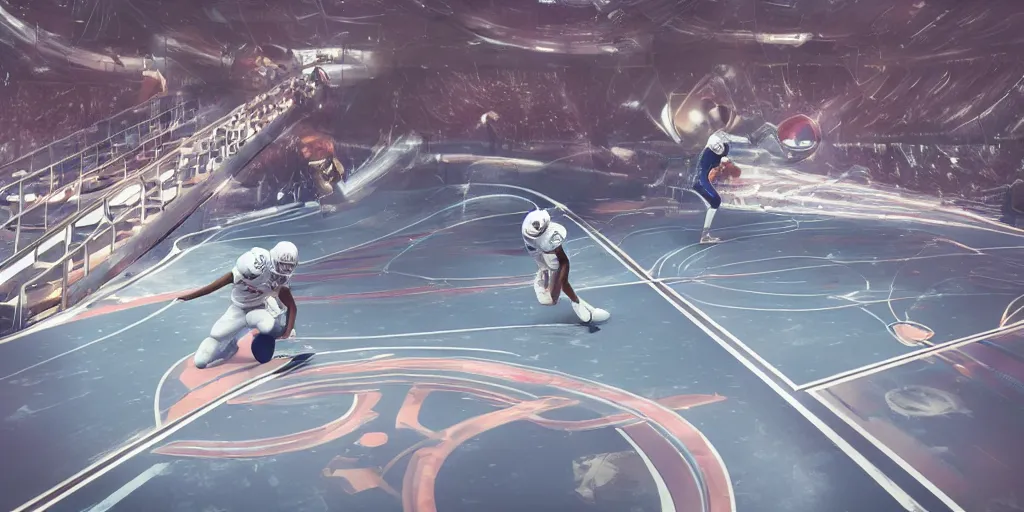 Prompt: ”player throwing the ball while being violently tackled, futuristic american football played on a metal floor in a closed arena with a chrome ball, [scifi, sports, retrofuturistic, ramps, painted lines on the floor, octane render, realistic, detailed, photography]”