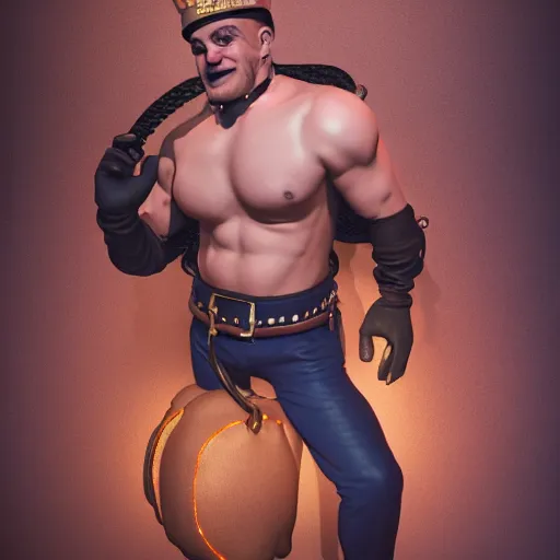 Prompt: 3 5 mm photo of popeye the sailor man wearing leather harness in the style of tom of finland, furry chest, full body, ultra high detailed, glowing lights, oil painting, unreal 5, daz, hyperrealistic, octane render, rpg portrait, dynamic lighting, fantasy art, beautiful face