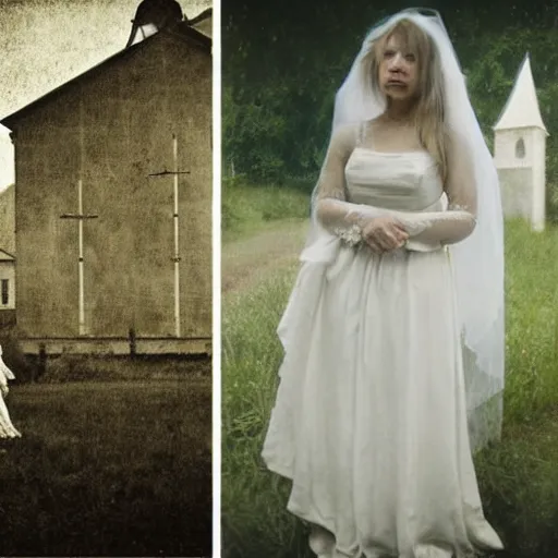 Prompt: picture of ghostly bride in front of an old wooden white church, 1 9 th century southern gothic scene, made by chausheva, katia