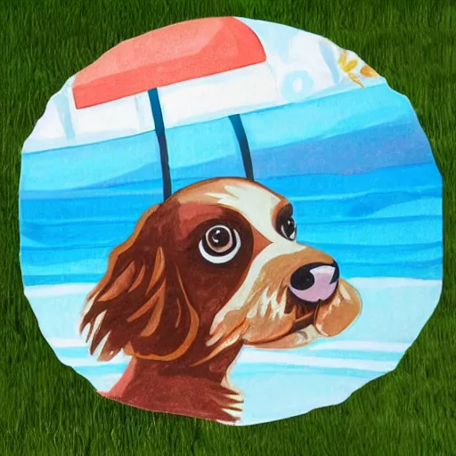 Prompt: cute brown spaniel by the seaside, parasols, bright towels, geometric, pop, bright, artwork