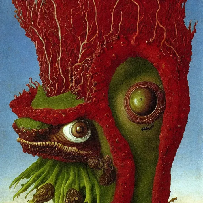 Image similar to close up portrait of a mutant monster creature with face in the shape of a colorful exotic dark red carnivorous plant, snail - like protruding eyes. by jan van eyck, audubon