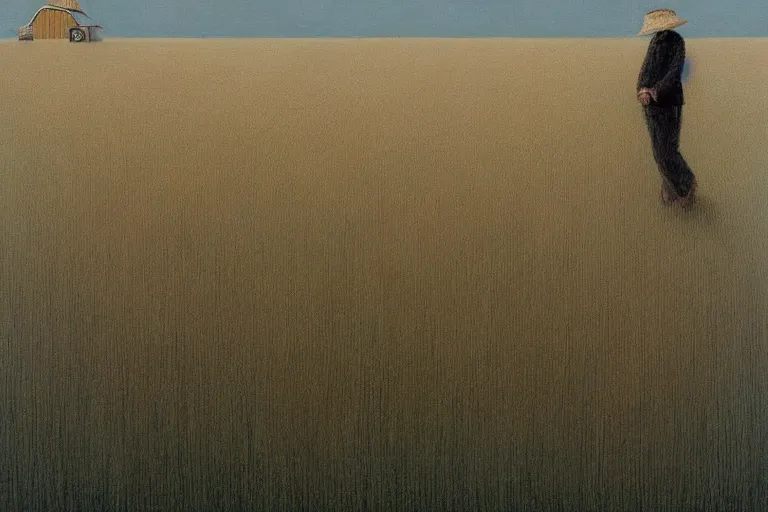 Image similar to a wheat field with a scarecrow and a barn artwork by tim eitel