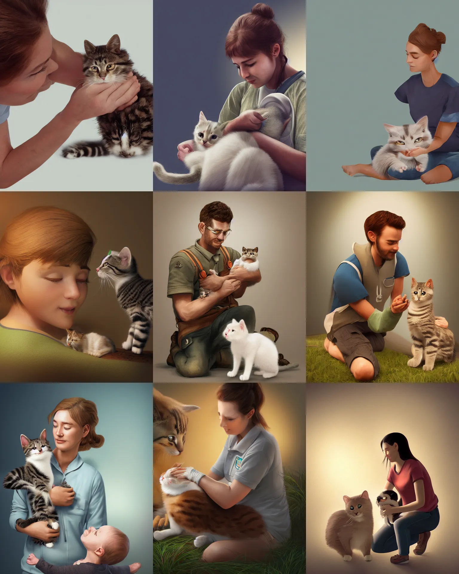 Prompt: a wholesome illustration of a wildlife rescuer taking care of a baby cat, studio lighting, white background, blender, trending on artstation, 8k, highly detailed