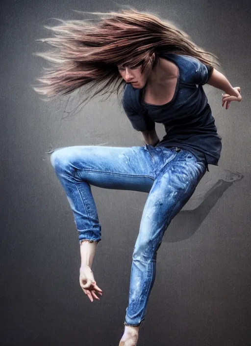 Image similar to a shocking radically realistic fine art painting of a early twenties female parkour scene wearing jeans and flowing hair, inspired by David Stoupakis, studio portrait, muted colors, detailed hair, cinematic lighting, 4K