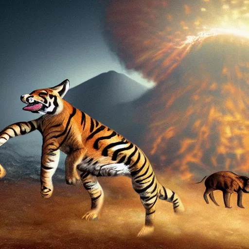 Image similar to A tiger, a turtle, an elephant, a rabbit and a fox running away from an erupting volcano