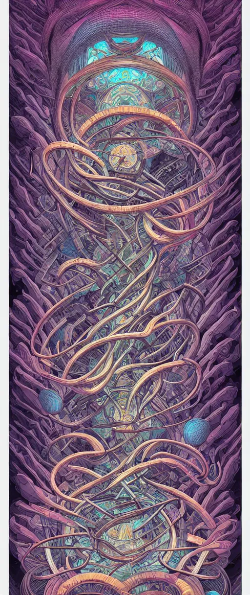 Image similar to archaic twisted turn of fate abstraction, centered award winning ink pen illustration, isometric abstract illustration by dan mumford, edited by craola, technical drawing by beeple and tooth wu, tiny details by artgerm and watercolor girl, symmetrically isometrically centered