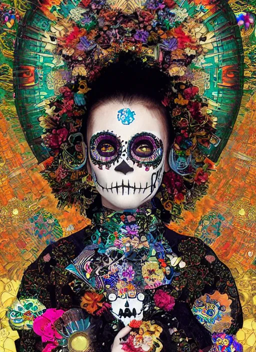 Prompt: cute punk goth fashion hippy fractal Día de los Muertos android girl wearing kimono made of circits posing by Zhang Jingna, psychedelic dada collage by Victor Moscoso Rick Griffin Alphonse Mucha Gustav Klimt Ayami Kojima Amano Charlie Bowater, masterpiece