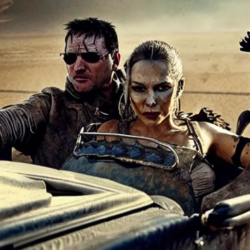 Image similar to a film still from the movie mad max fury road of the anthropomorphic cheetah raiders driving around in the post apocalyptic wasteland