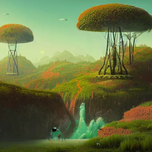 Prompt: digital artwork of a lush natural scene on an alien planet by simon stalenhag. extremely detailed. science fiction. interesting color scheme. beautiful landscape. weird vegetation. cliffs and water.