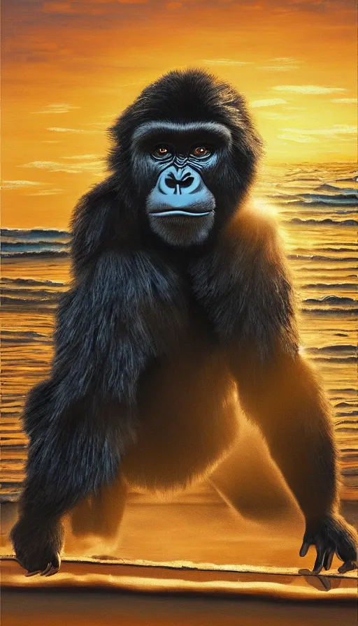 Image similar to Romanticism painting of a fuzzy gorilla on the beach, golden hour, dramatic lighting, volumetric lighting, intricately detailed, canvas print