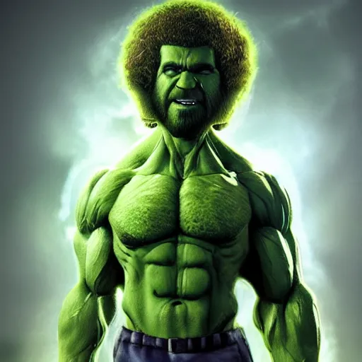 Image similar to full body portrait , photomanipulation of BOB ROSS as hulk with human flesh, marvel, fully detailed, volumetric lightening, octane render, 8k, masterpiece, epic composition, sharp focus