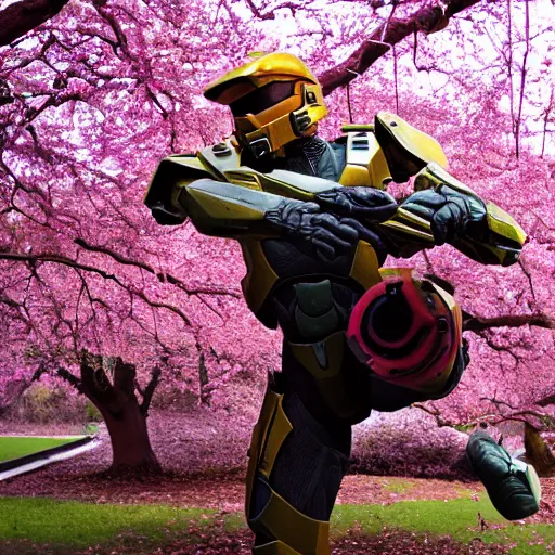 Image similar to master chief from halo playing a guitar solo underneath a cherry tree