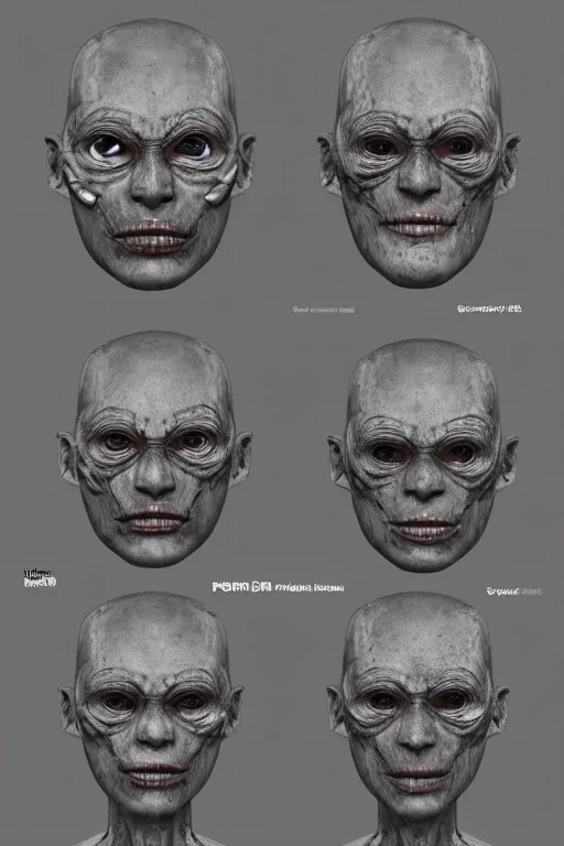 Prompt: mayan facial anatomy with gunmetal grey skin, medical anatomy, very symmetrical face, highly detailed, three - perspective / three - view reference sheet ( front / back / side ), in the style of dan ouellette, steven jung, amanda lilleston, hr giger, sil from species, dren from splice, mecha, artstation, unreal engine